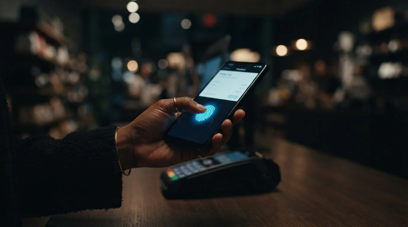Hand holding a phone at a cashier screen with a fingerprint authentication request glowing on the display