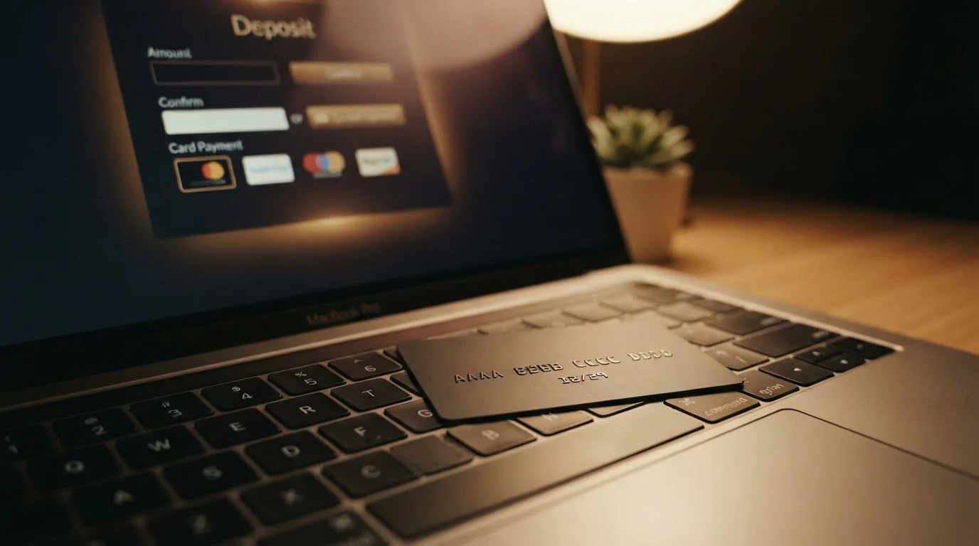 Close-up of a plain debit card resting on a laptop keyboard showing a casino cashier deposit field