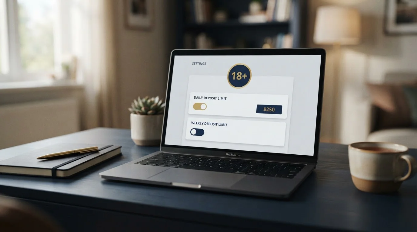 A plain navy-and-gold responsible-gambling panel on a laptop showing an 18-plus badge and deposit-limit toggles