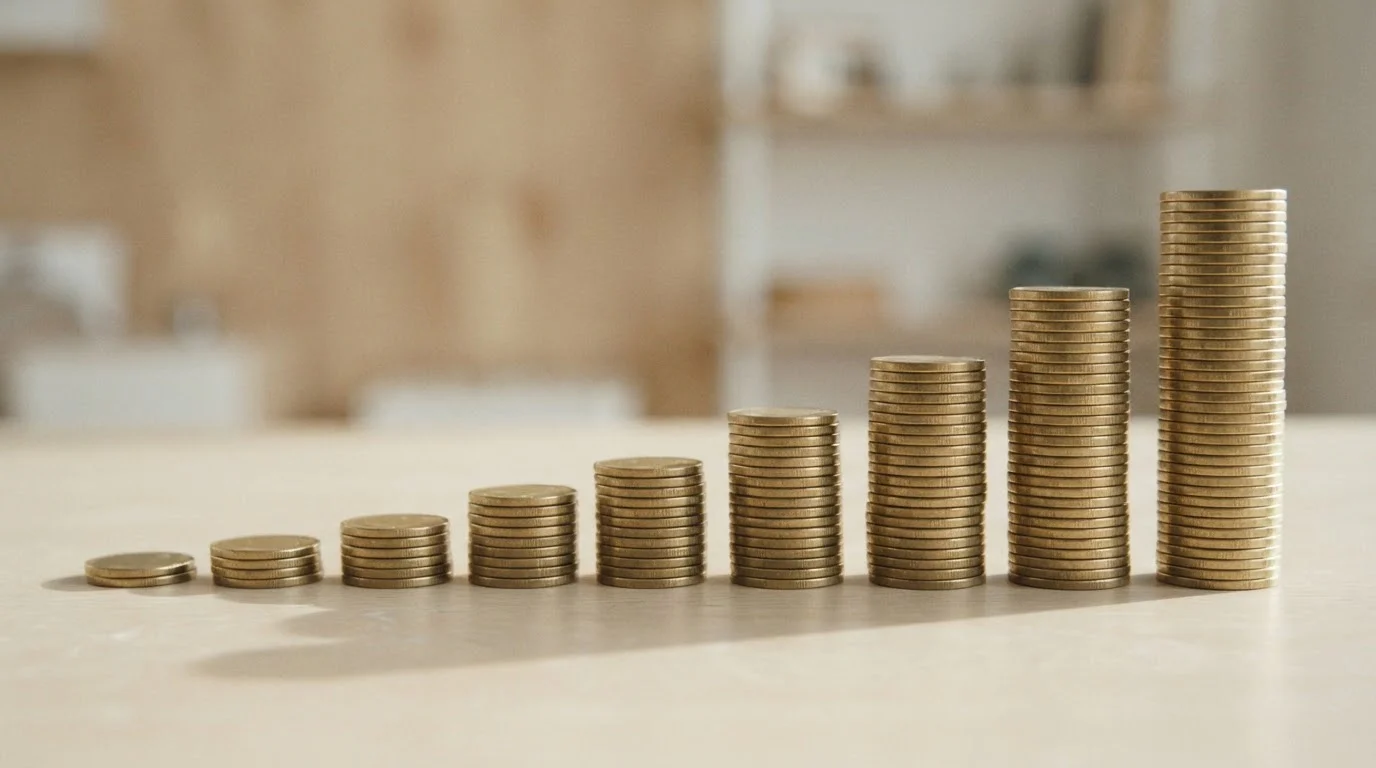 A row of stacked coin piles rising from one small stack to several taller ones on a plain surface