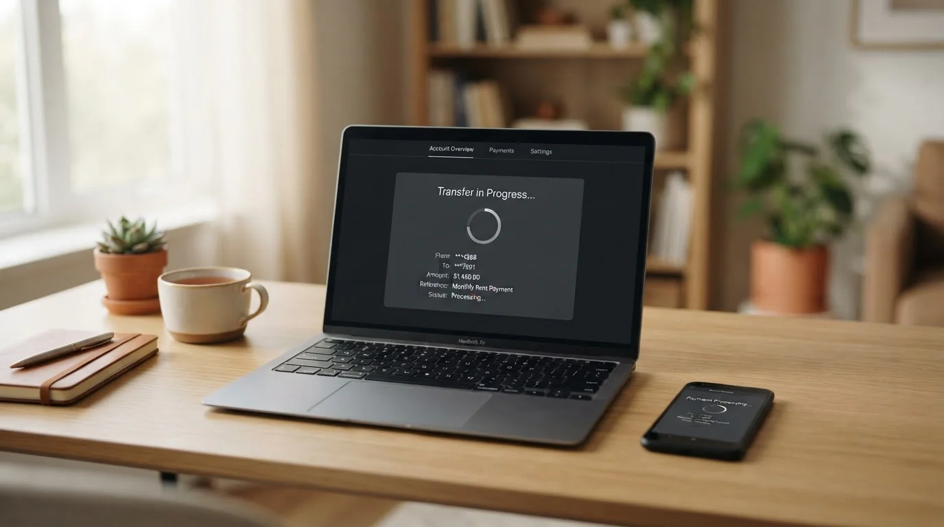 Laptop and phone showing a bank login screen mid-transfer with a simple progress indicator, on a tidy desk